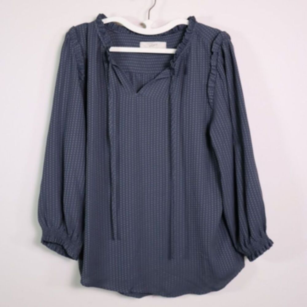 LOFT Dark Blue Green Ruffle Sleeve Tie Neck Blouse Large Lightweight